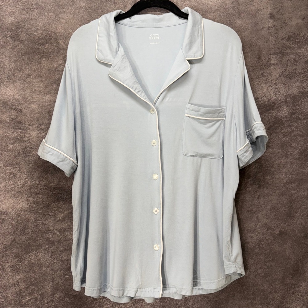Cozy Earth Womens Bamboo Button Front Pajama Top Size L Light Blue Short Sleeve